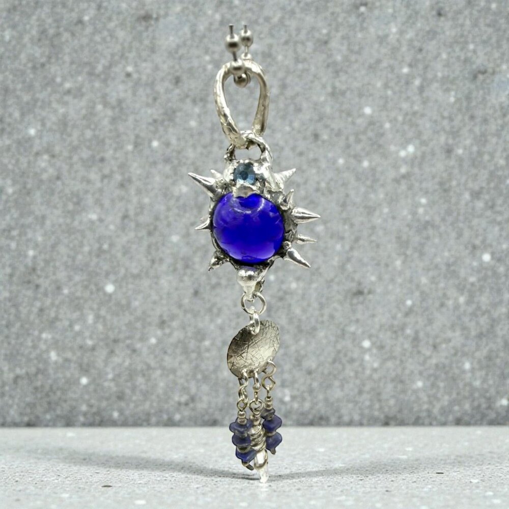 Handmade Cobalt Blue Glass Flail Pendant - Lapis Lazuli & Clear Quartz Crystal